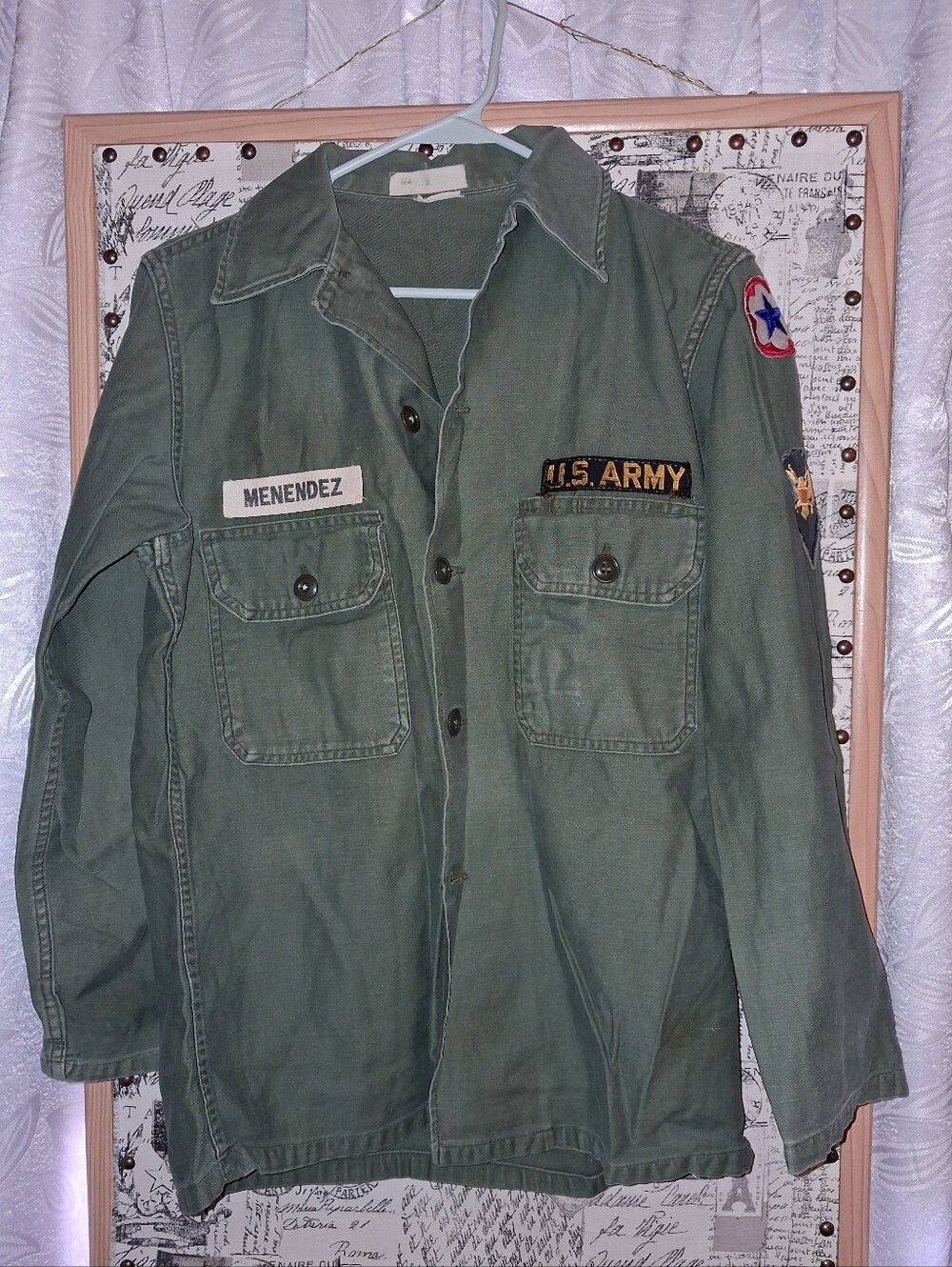 Vintage U.S. Army Olive Green Utility Field Jacket Menendez Military Patches